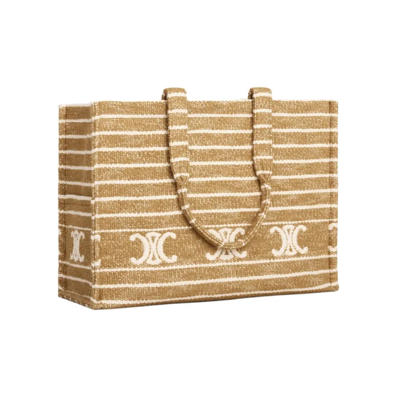 CELINE Striped Fabric With Calfskin Tote Bag, Shopping Bag, Handbag Large Size Women's Smoky-1