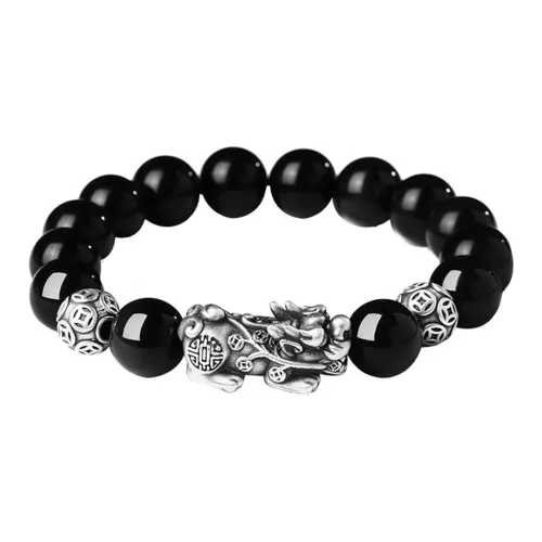 Eoro Obsidian S999 Fine Silver Beaded Bracelet Men's