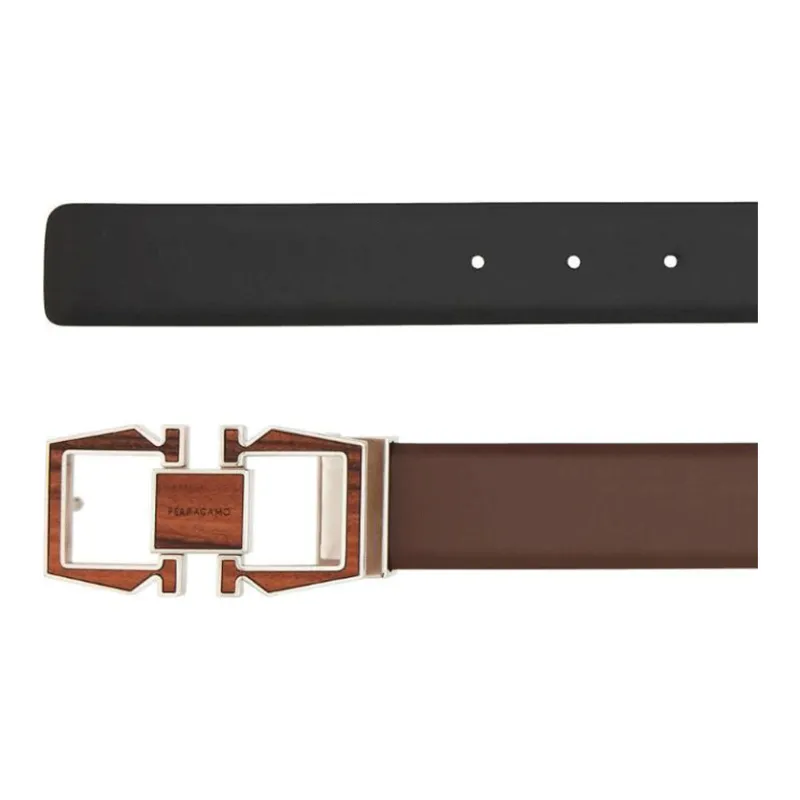 FERRAGAMO Badge Decoration, Smooth Buckle Calfskin Leather Belts Men's Brown Width 3.2CM-1
