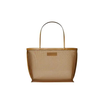 TORY BURCH Thin Tulle Fabric With Nappa Leather Trim Tote Bag Shopping Bag Shoulder Bag Handbag Women's Tan