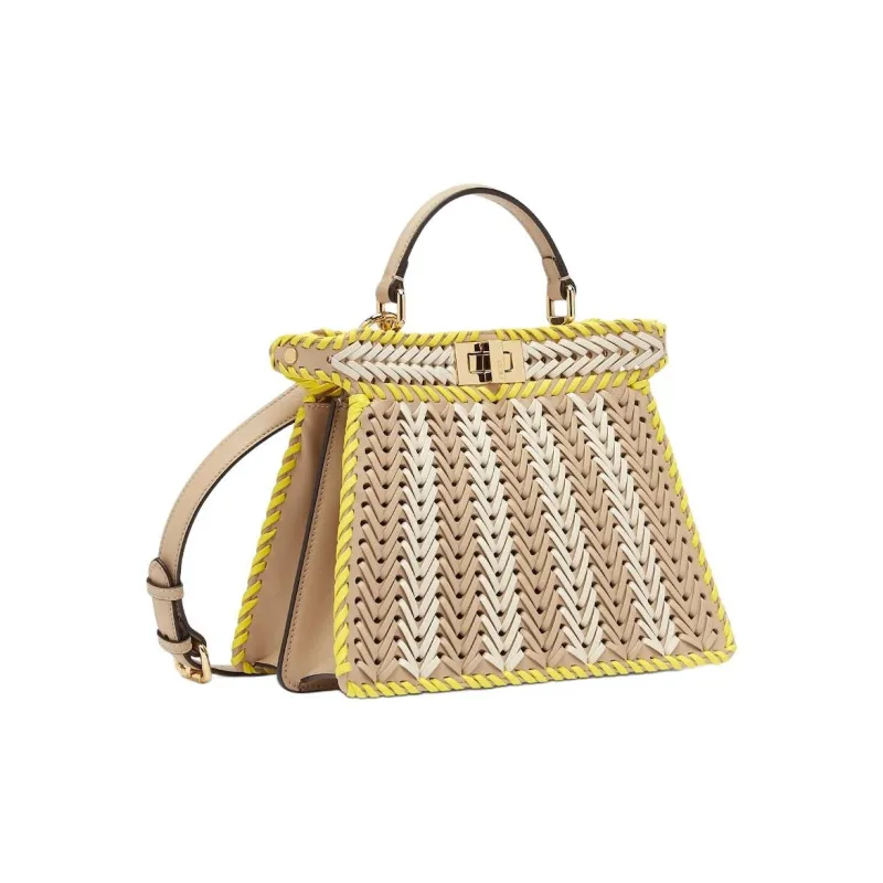 FENDI Peekaboo ISeeU Calfskin One Shoulder Handbags Small Size Women's Beige & Yellow-1