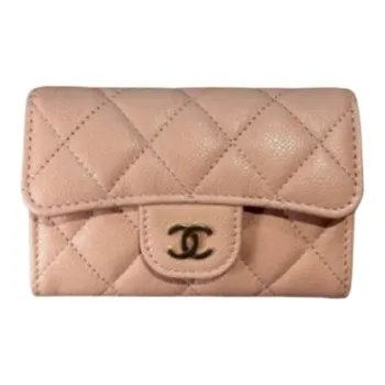 CHANEL Grain Cow Leather Card Holder Women's Light Beige