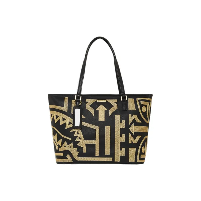 SPRAYGROUND Ai SANDFLOWER Collaboration Artificial Leather Tote Bag Shopping Bag Shoulder Bag Handbag Unisex Black Gold-0