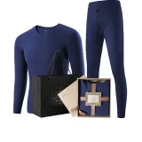 Men's V-Neck Clothing Sets (Sapphire Blue) with German Velvet Heat Technology/Seamless High Elasticity/3A Antibacterial