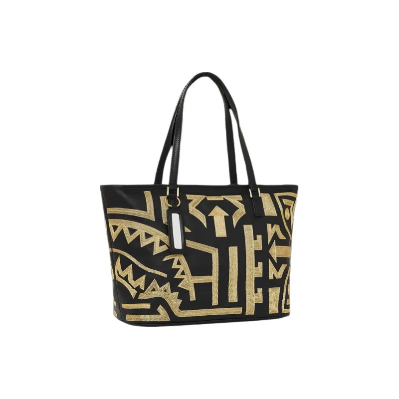 SPRAYGROUND Ai SANDFLOWER Collaboration Artificial Leather Tote Bag Shopping Bag Shoulder Bag Handbag Unisex Black Gold-1