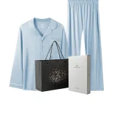 Men's Long-Sleeved Top+Pants Clothing Set (Light Blue) Pure Cotton Comfortable/Lapel Top/Medium-Thick Clothing Set