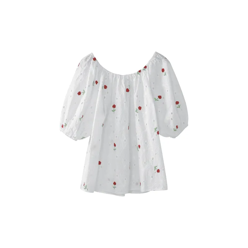Fstudio Short-Sleeved Shirt Women's White Base With Red Flowers-1