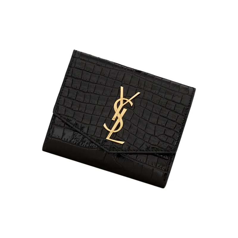 SAINT LAURENT UPTOWN Crocodile Pattern Cow Leather Wallet Trumpets Women's Black-1