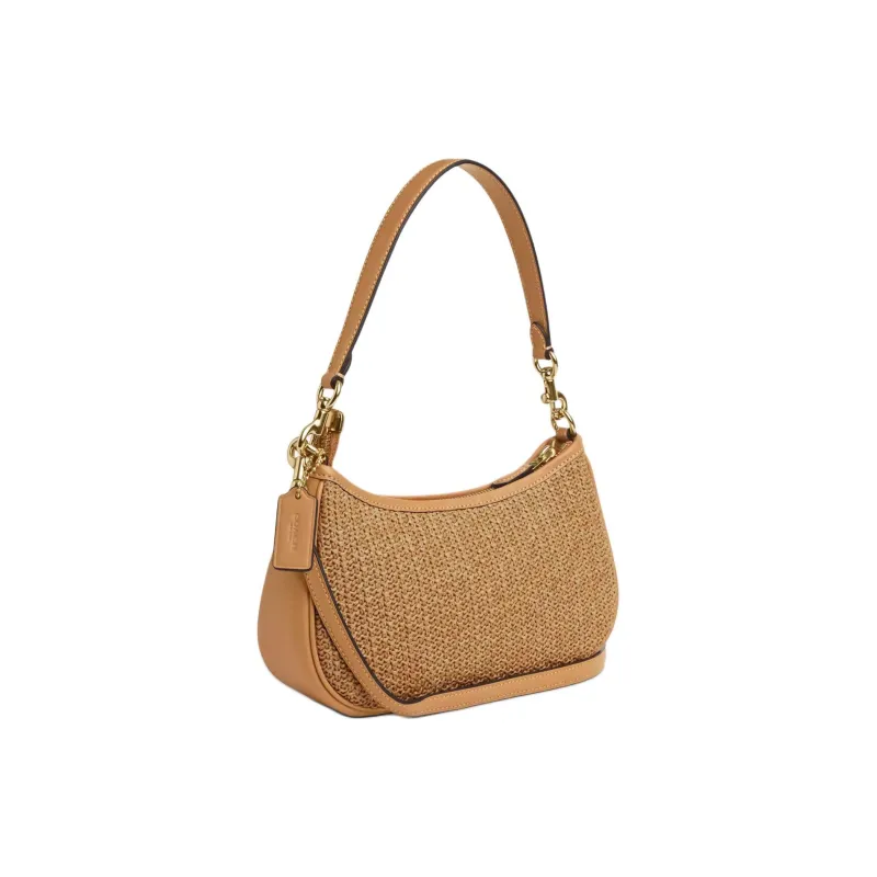COACH Teri Straw With Smooth Leather Portable Crossbody Bag Shoulder Bag Medium Size Women's Latte Multicolor-1