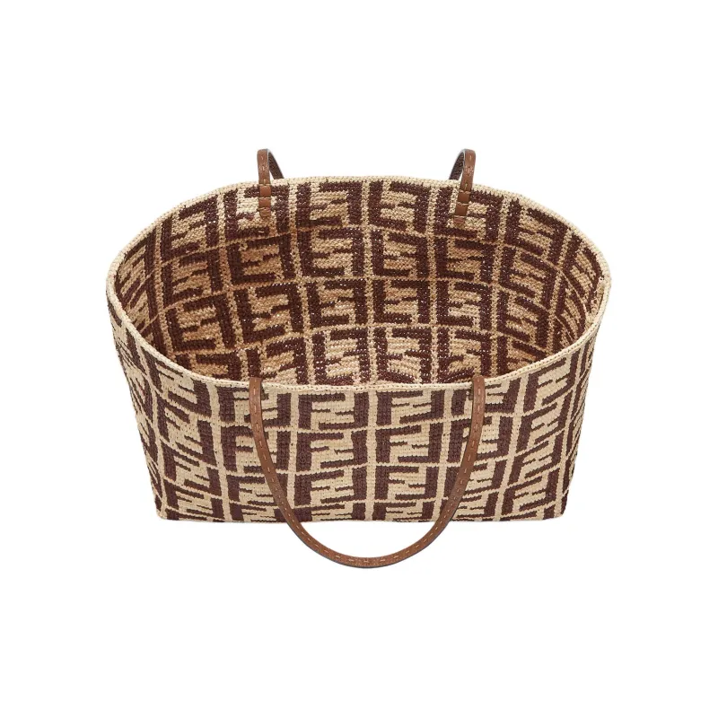 FENDI Raffia With Calfskin Tote Bag Shopping Bag Shoulder Bag Handbag Large Size Women's Brown-3