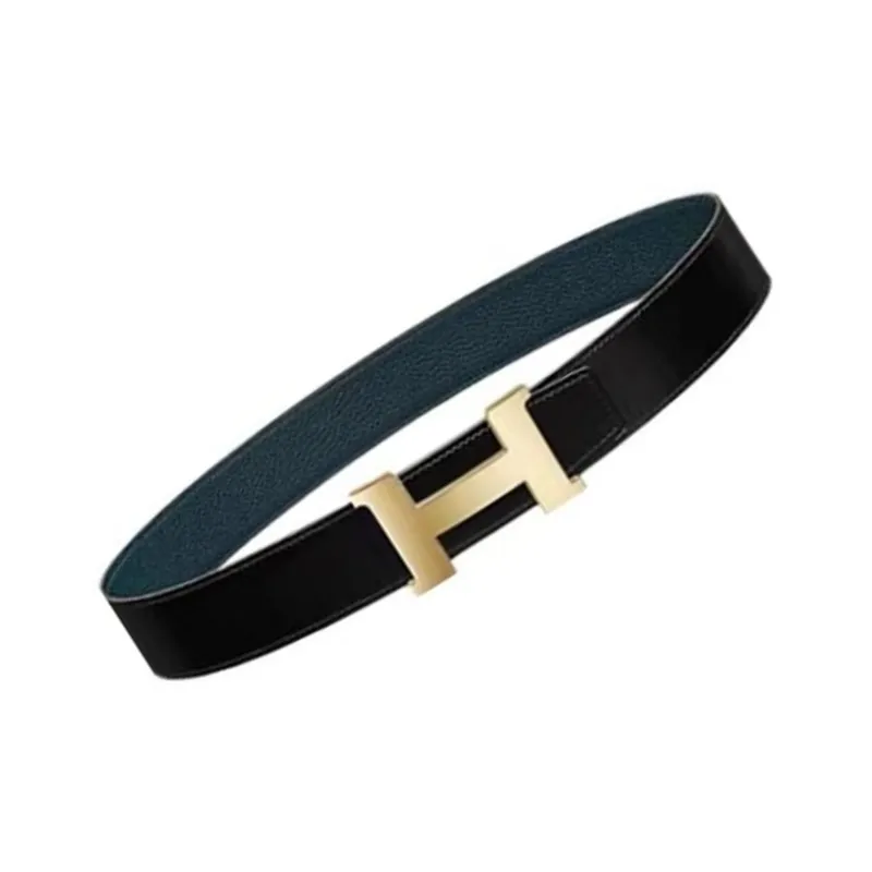 HERMES Logo Styling Smooth Buckle Genuine Leather Leather Belts Men's Black/Blue Width: 3.2CM-2