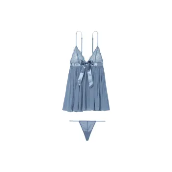 Victoria's Secret VERY SEXY Pleated Babydoll Set Underwear Pajama Set Women's Denim Blue