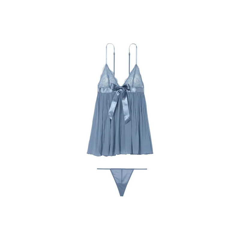 Victoria's Secret VERY SEXY Pleated Babydoll Set Underwear Pajama Set Women's Denim Blue-0