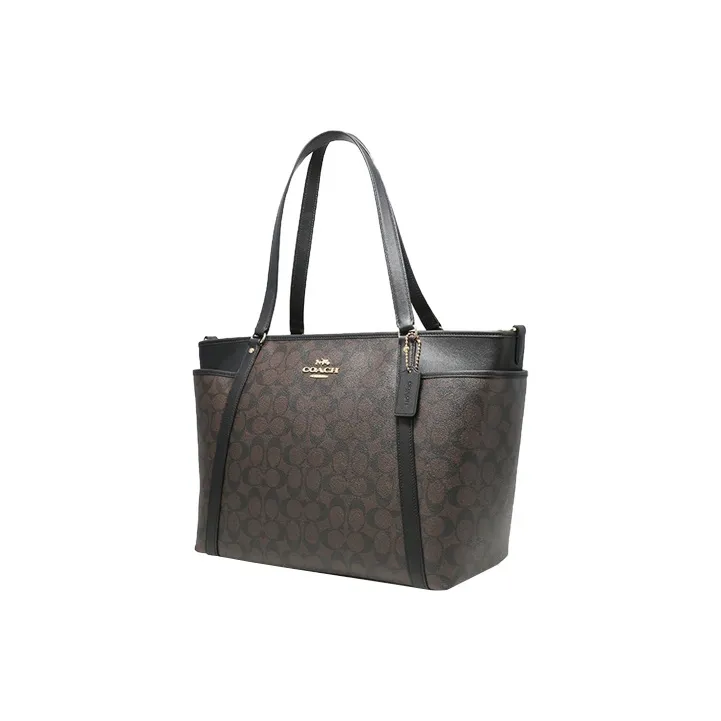COACH Baby Canvas With Leather Tote Bag, Shopping Bag, Crossbody Bag, Shoulder Bag Women's Dark Brown-1