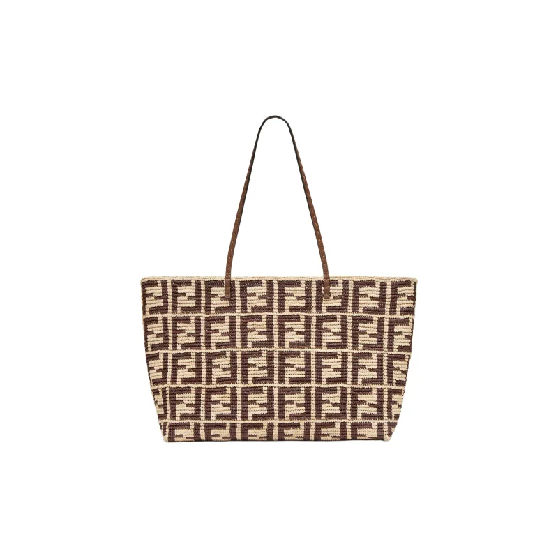 FENDI Raffia With Calfskin Tote Bag Shopping Bag Shoulder Bag Handbag Large Size Women's Brown-2