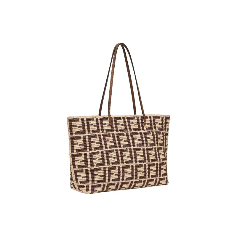FENDI Raffia With Calfskin Tote Bag Shopping Bag Shoulder Bag Handbag Large Size Women's Brown-1