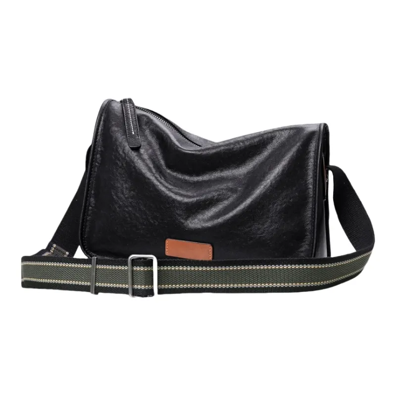 PESASRIE Genuine Cow Leather Messenger Bag, Shoulder Bag, Crossbody Bag Men's Black-3