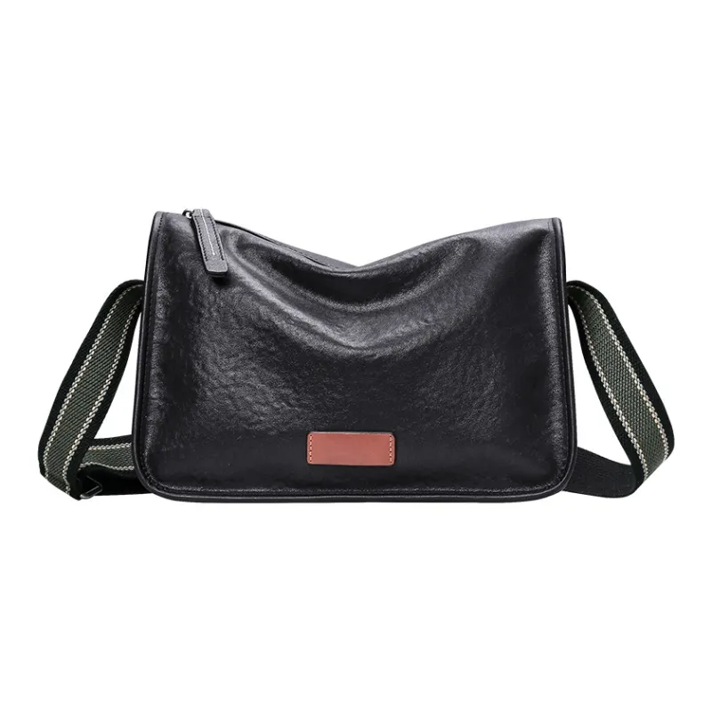 PESASRIE Genuine Cow Leather Messenger Bag, Shoulder Bag, Crossbody Bag Men's Black-0