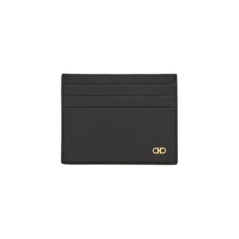 FERRAGAMO GANCINI Stamped Calfskin Card Clip Card Holder Men's Black