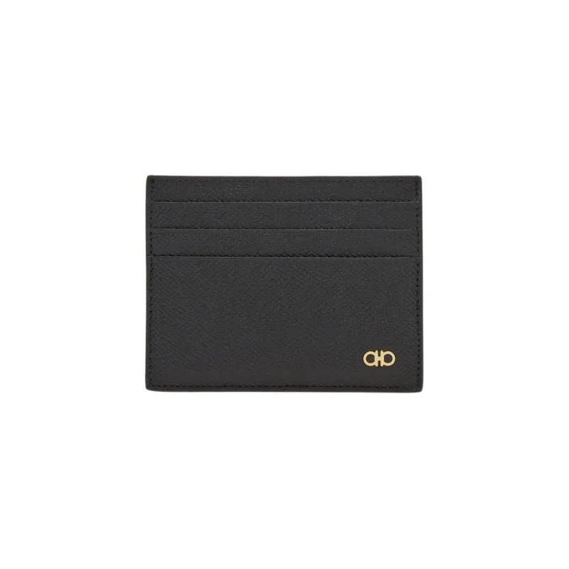 FERRAGAMO GANCINI Stamped Calfskin Card Clip Card Holder Men's Black-0
