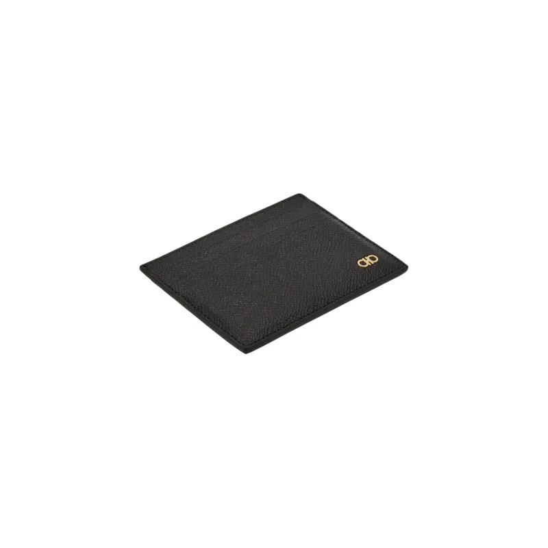 FERRAGAMO GANCINI Stamped Calfskin Card Clip Card Holder Men's Black-2