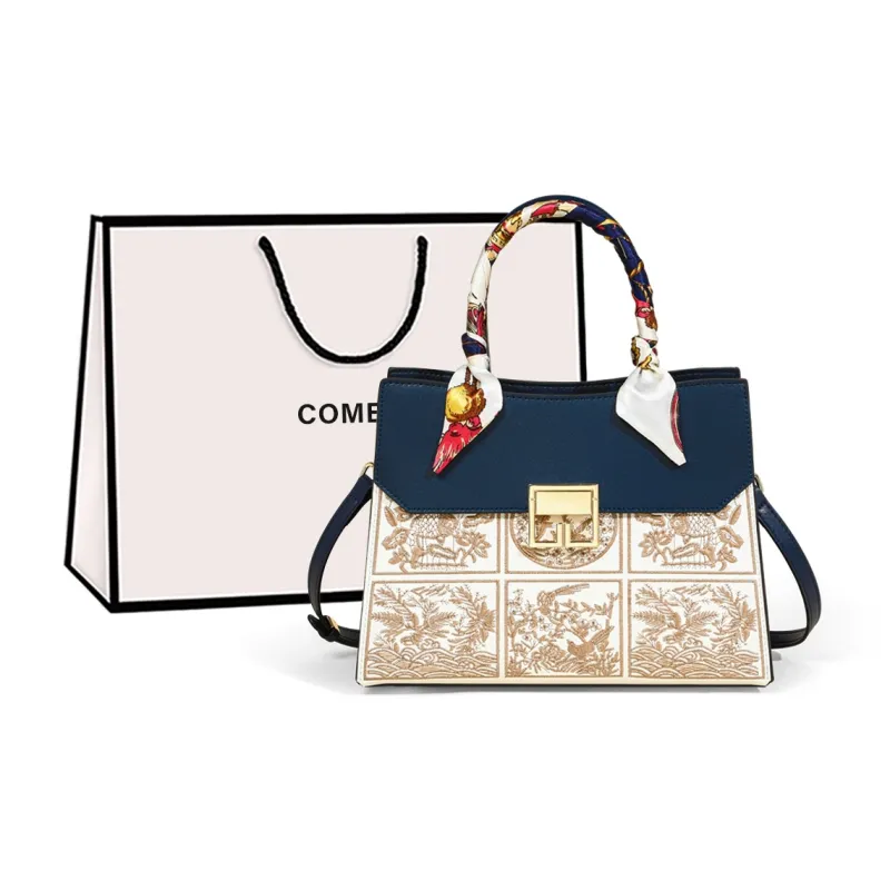 COMELY Cow Leather Patchwork Synthetic Leather One Shoulder Handbags Women's Blue-0