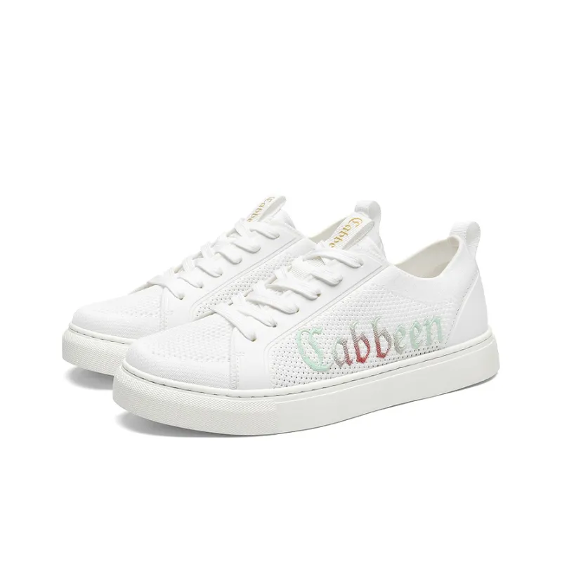 Cabbeen Canvas Flyknit Preppy Glow In The Dark Lightweight And Breathable Low Top Skateboard Shoes Men's White Sneakers-1