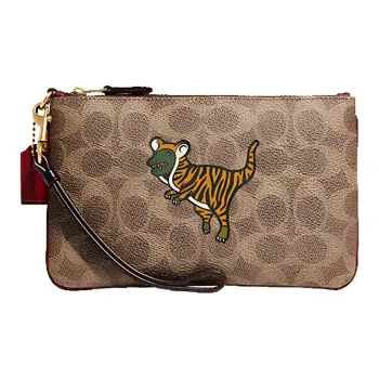 COACH Wristlet Canvas With Leather Clutch Small Size Unisex Light Khaki