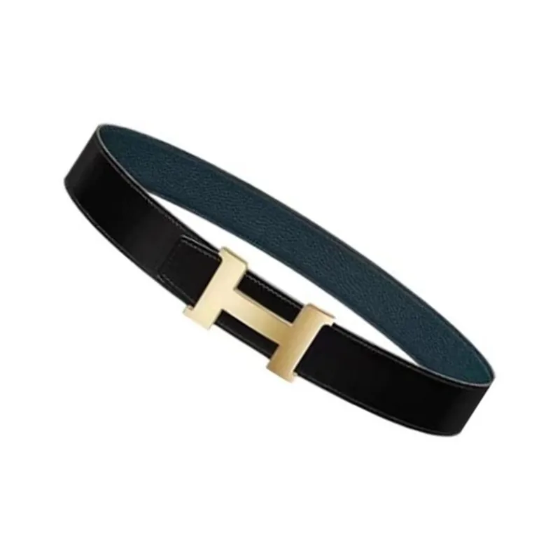 HERMES Logo Styling Smooth Buckle Genuine Leather Leather Belts Men's Black/Blue Width: 3.2CM-1