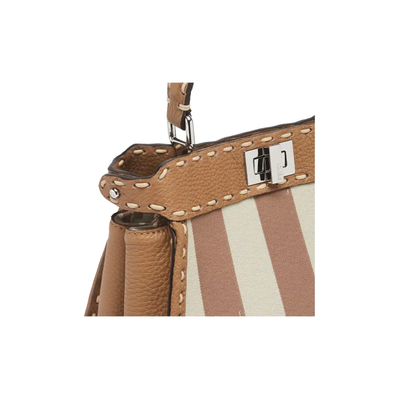 FENDI Peekaboo Pequin Stripes Fabric Shoulder Bag Crossbody Bag Handbag Mini Women's Beige-4