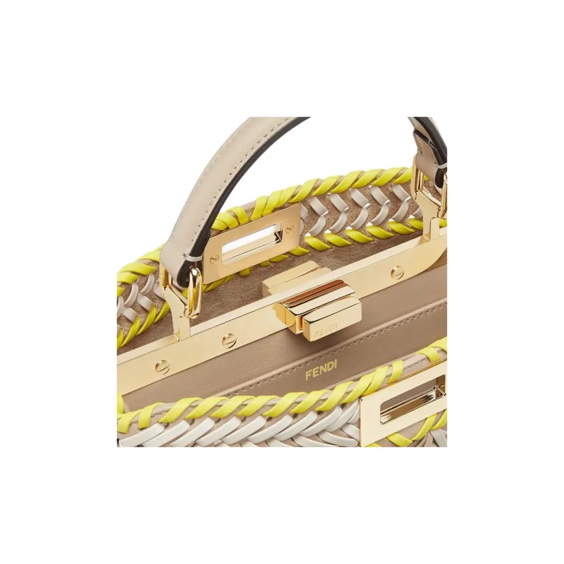 FENDI Peekaboo ISeeU Calfskin One Shoulder Handbags Small Size Women's Beige & Yellow-4