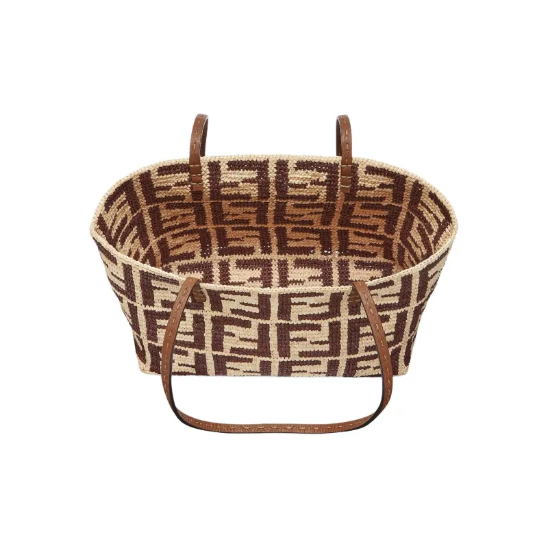 FENDI Raffia With Cow Leather Handbag, Shoulder Bag Trumpets Women's Brown-4