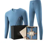 Men's V-Neck Set (Blue) Dralon Heat/Seamless High Elastic/3A Antibacterial