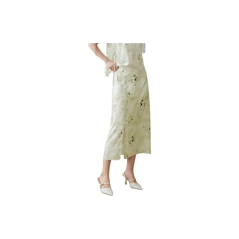 Hopeshow Casual Long Skirts Women's Green Floral-2