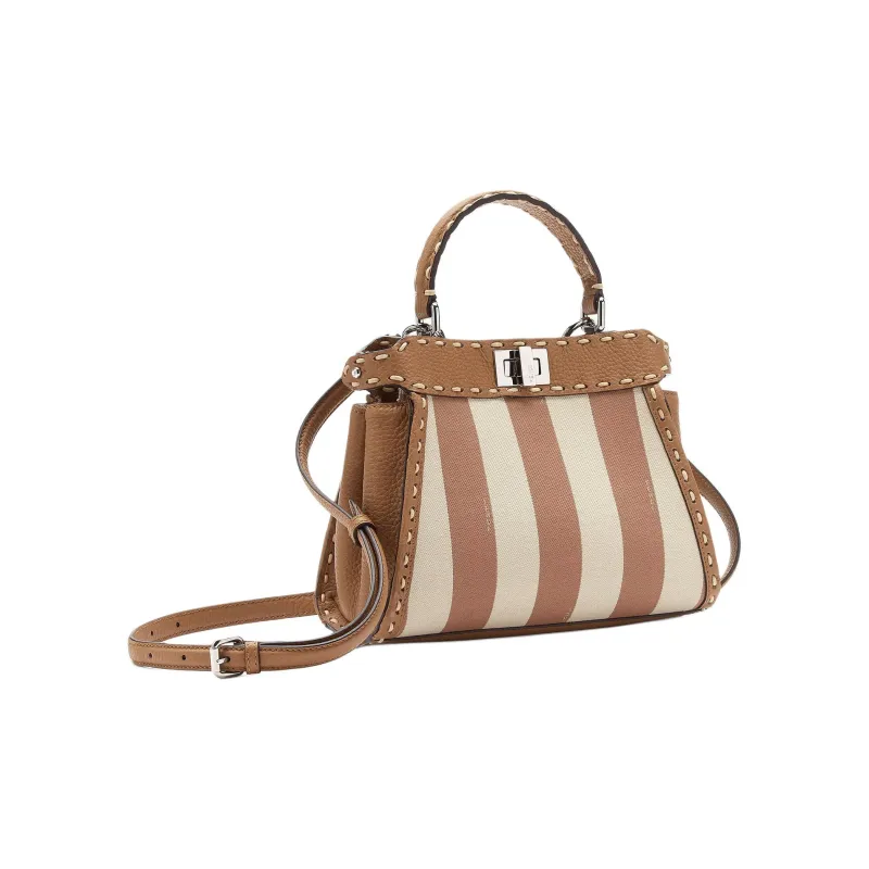 FENDI Peekaboo Pequin Stripes Fabric Shoulder Bag Crossbody Bag Handbag Mini Women's Beige-1