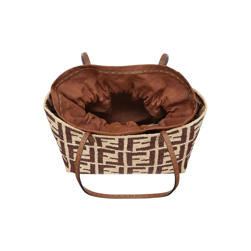 FENDI Raffia With Cow Leather Handbag, Shoulder Bag Trumpets Women's Brown-3