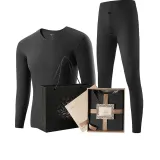 Men's V-Neck Clothing Sets (Night Black) German Fleece Heat/Seamless High Elastic/3A Antibacterial