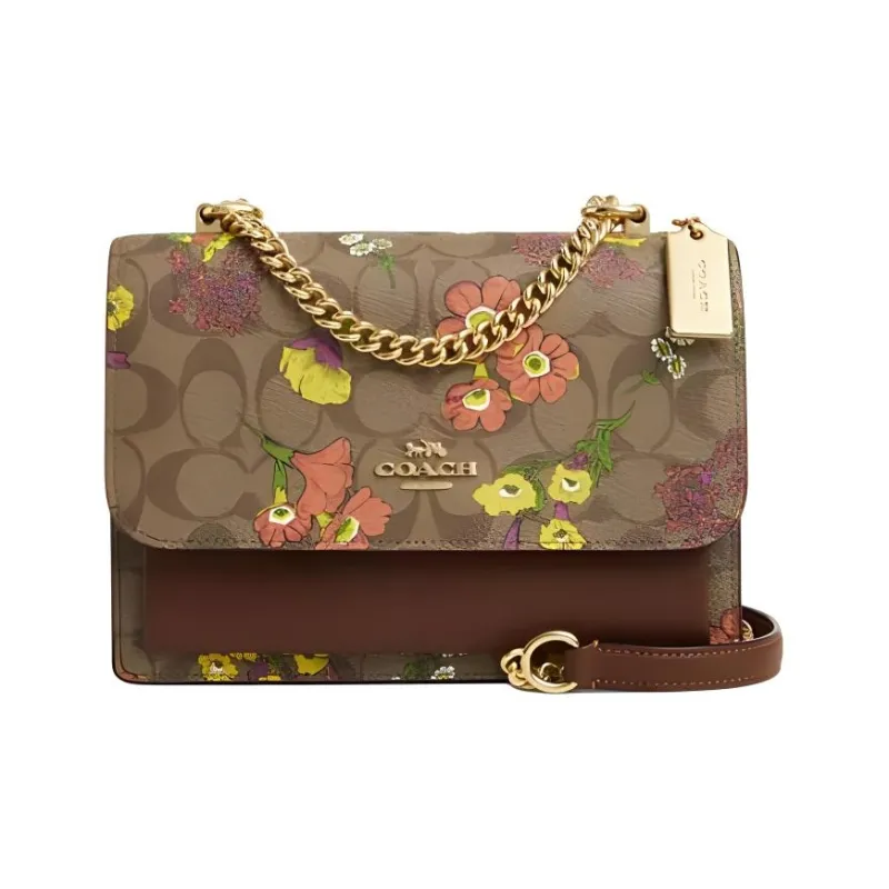 COACH Klare Coated Canvas With Smooth Leather Shoulder Bag, Crossbody Bag Small Size Women's Gold & Khaki Multicolor-0
