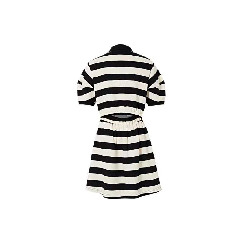 Hopeshow Short Sleeved Dress Women's Black White Stripes-1