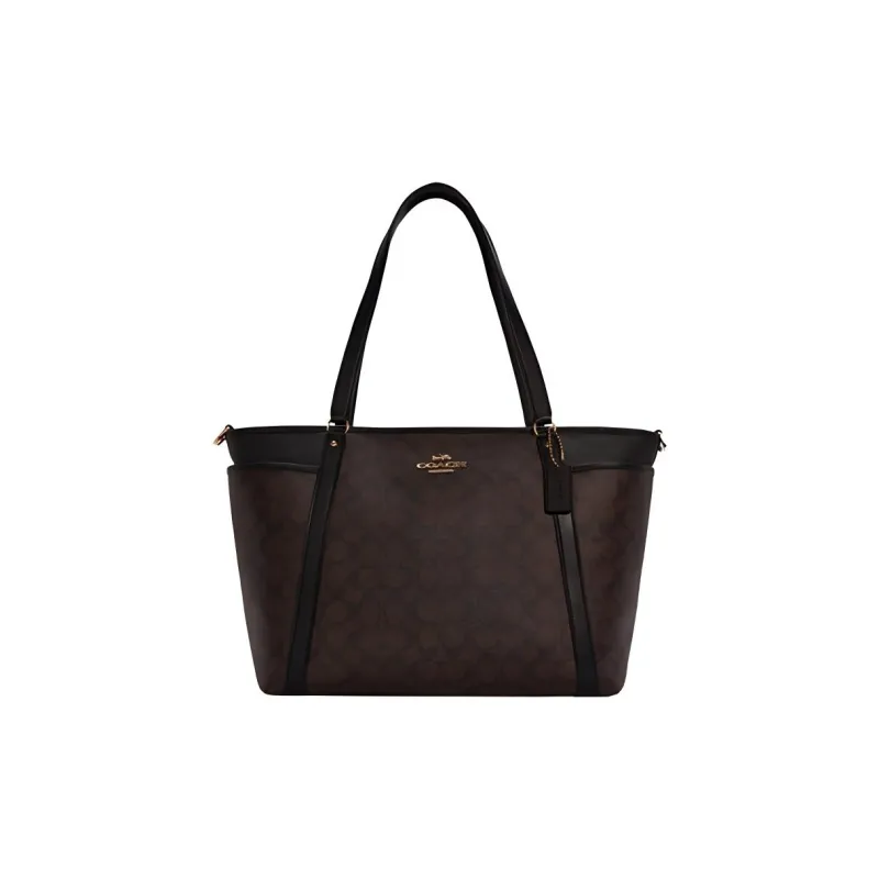 COACH Baby Canvas With Leather Tote Bag, Shopping Bag, Crossbody Bag, Shoulder Bag Women's Dark Brown-0