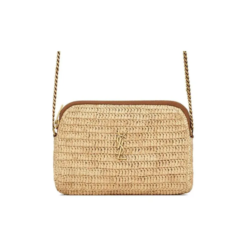 SAINT LAURENT GABY Raffia With Calfskin And Cow Leather Shoulder Bag, Crossbody Bag Unisex Beige-4