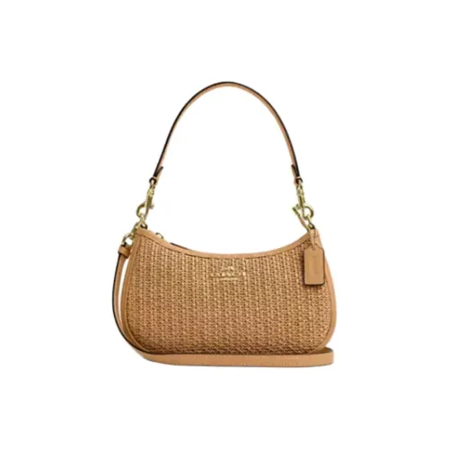 COACH Teri Straw With Smooth Leather Portable Crossbody Bag Shoulder Bag Medium Size Women's Latte Multicolor