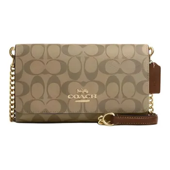 COACH Flap Coated Canvas With Smooth Leather Handheld Shoulder Bag, Crossbody Bag Trumpets Women's Gold & Khaki