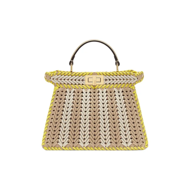 FENDI Peekaboo ISeeU Calfskin One Shoulder Handbags Small Size Women's Beige & Yellow-0