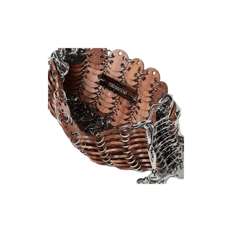 Paco Rabanne Wooden Patchwork Metal Shoulder Bag Unisex Brown-2
