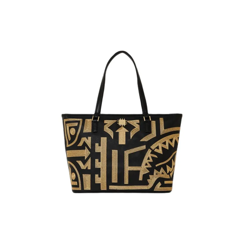 SPRAYGROUND Ai SANDFLOWER Collaboration Artificial Leather Tote Bag Shopping Bag Shoulder Bag Handbag Unisex Black Gold-2