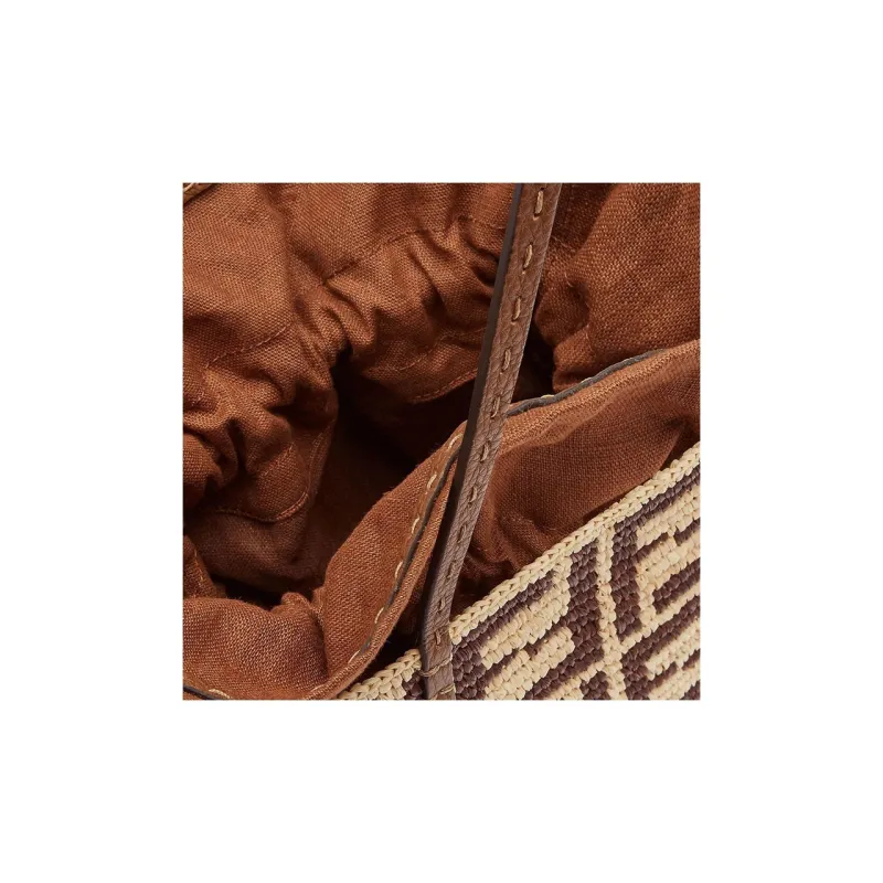FENDI Raffia With Cow Leather Handbag, Shoulder Bag Trumpets Women's Brown-6