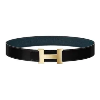 HERMES Logo Styling Smooth Buckle Genuine Leather Leather Belts Men's Black/Blue Width: 3.2CM