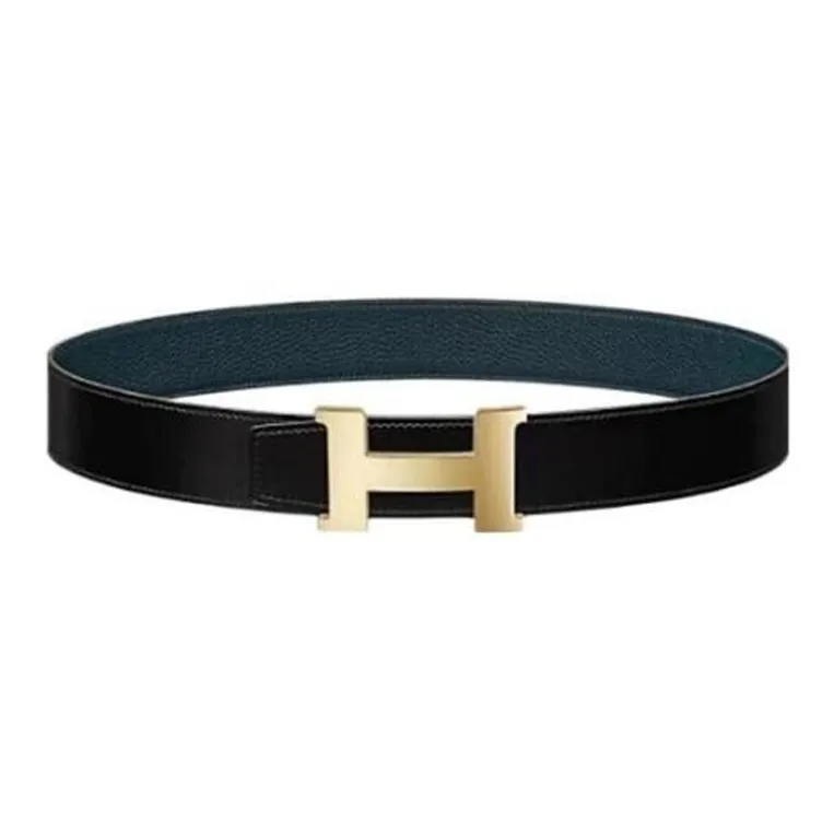 HERMES Logo Styling Smooth Buckle Genuine Leather Leather Belts Men's Black/Blue Width: 3.2CM-0