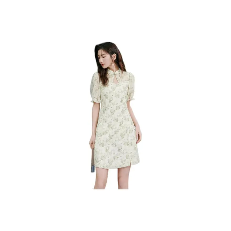 Hopeshow Short Sleeved Dress Women's Pink Green Floral-1